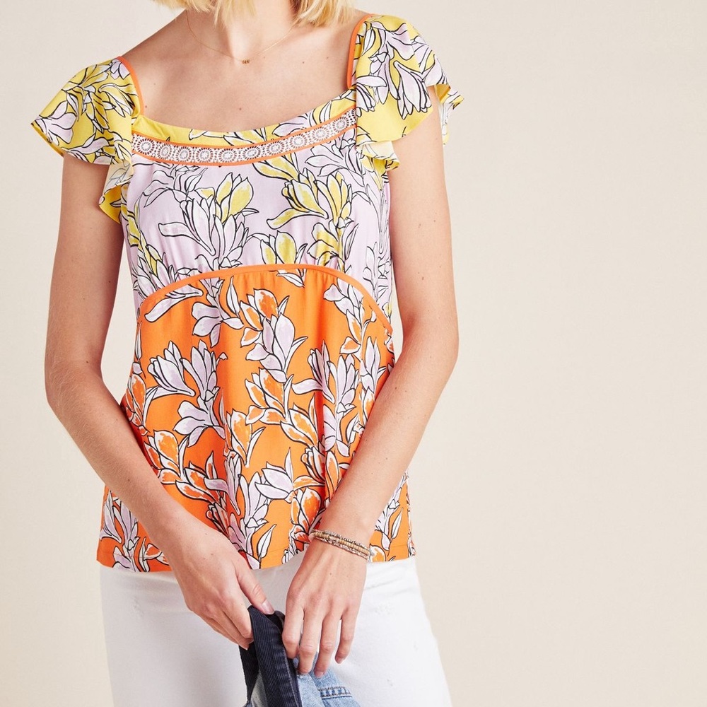 NWT Farm Rio for Anthropologie 🧡💓💛Orange, Pink, and Yellow💛💓🧡 Floral Top L